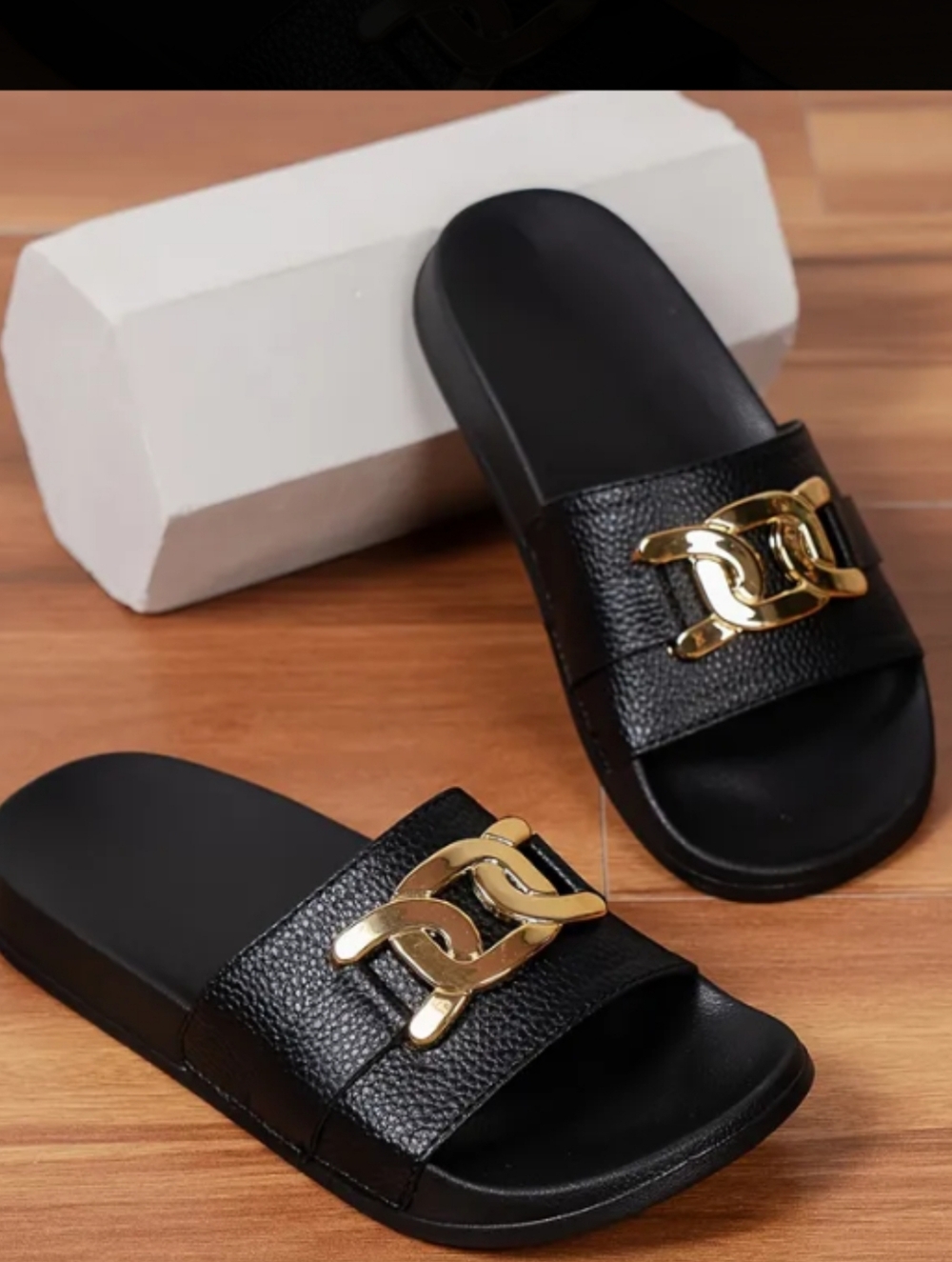 Men's Black Slide Sandals with Gold Chain Accent